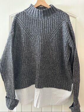 Gray Cowl-Neck Knit Sweater with Shirt Hem